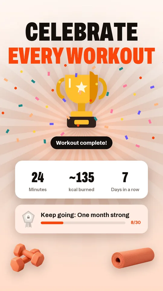 Every workout celebrated: Minutes, calories and your streak, every time